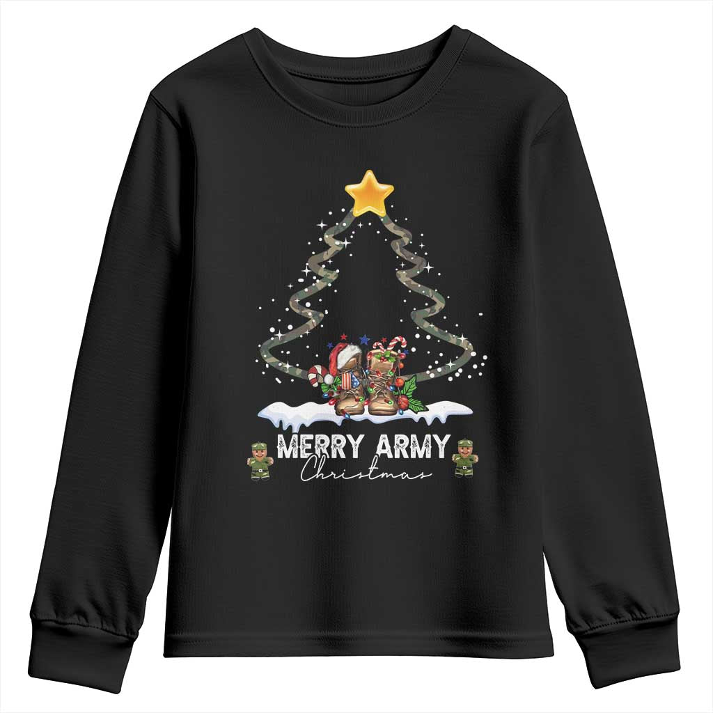 Merry Army Christmas Youth Sweatshirt Military Family Veteran Xmas Gift Camo Boots TS10 Black Print Your Wear