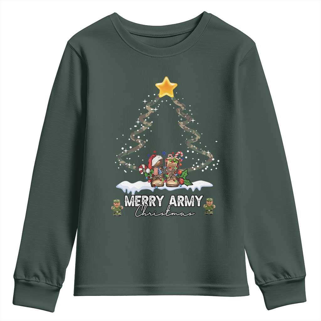 Merry Army Christmas Youth Sweatshirt Military Family Veteran Xmas Gift Camo Boots TS10 Dark Forest Green Print Your Wear