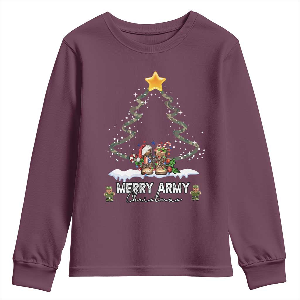 Merry Army Christmas Youth Sweatshirt Military Family Veteran Xmas Gift Camo Boots TS10 Maroon Print Your Wear