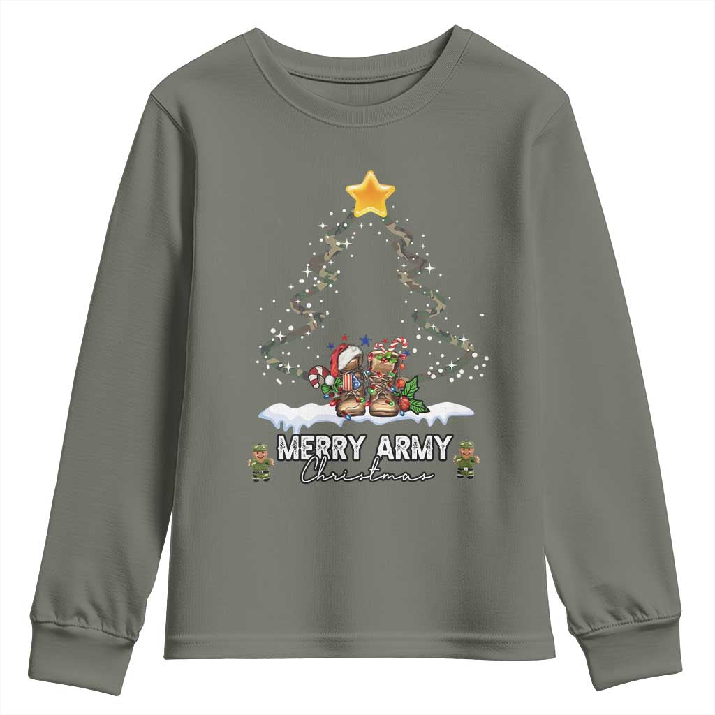 Merry Army Christmas Youth Sweatshirt Military Family Veteran Xmas Gift Camo Boots TS10 Military Green Print Your Wear
