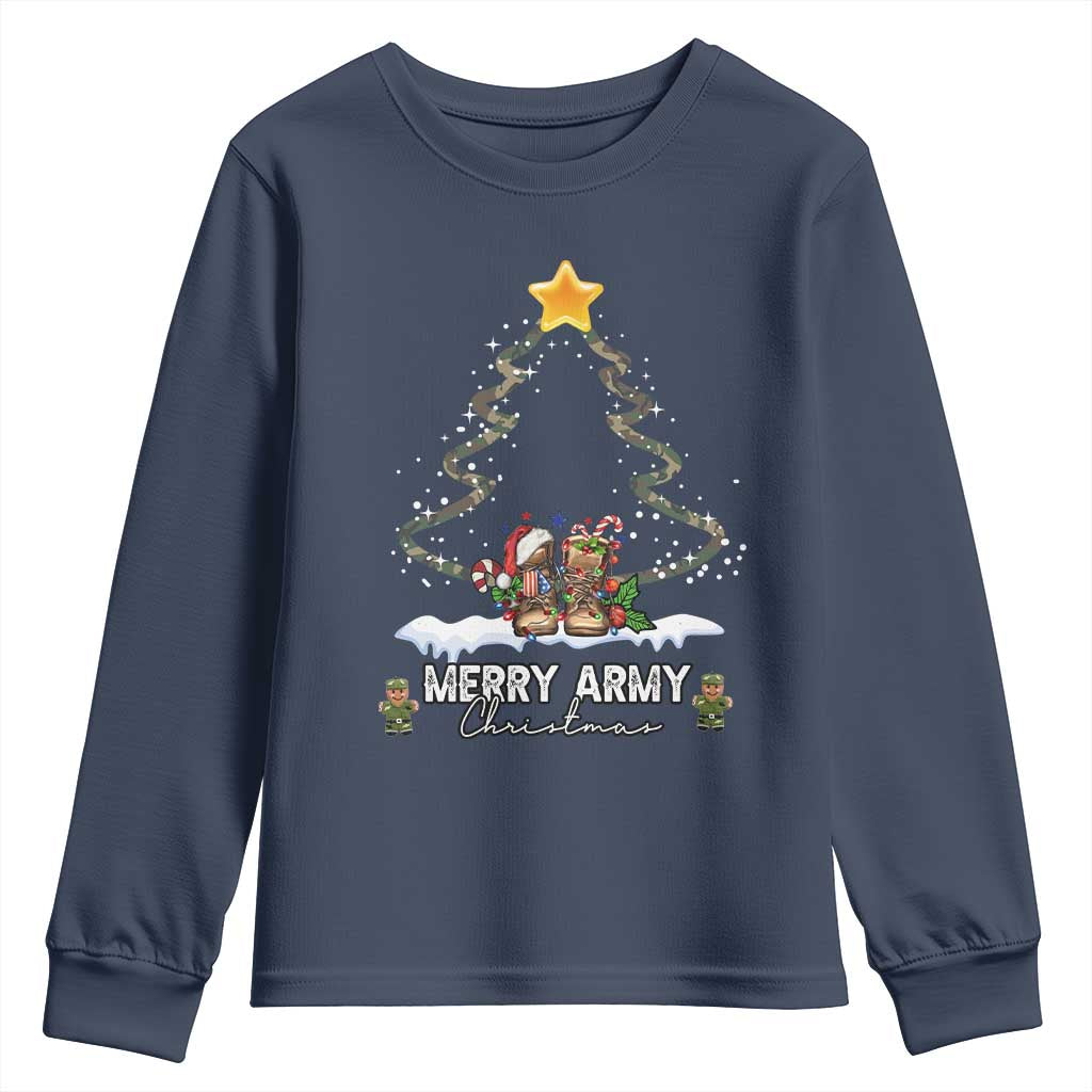 Merry Army Christmas Youth Sweatshirt Military Family Veteran Xmas Gift Camo Boots TS10 Navy Print Your Wear