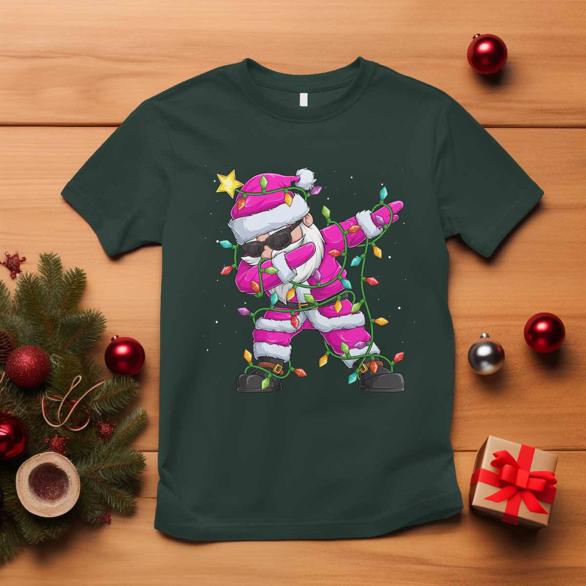 Dabbing Santa T Shirt Xmas Lights Pink Christmas Gifts TS10 Dark Forest Green Print Your Wear