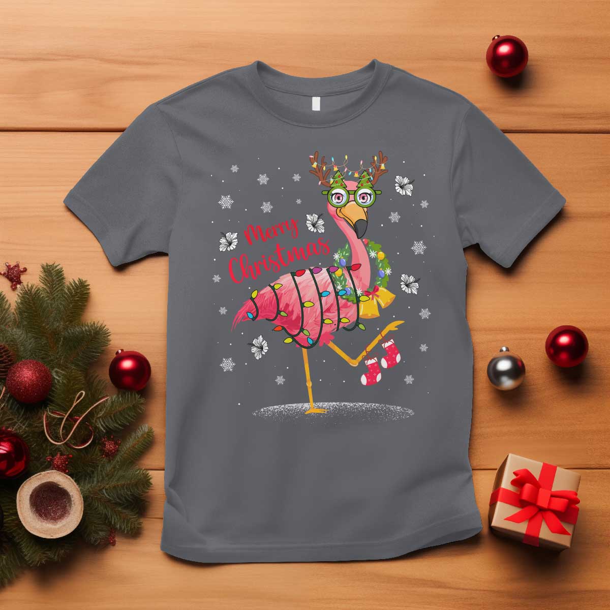 Christmas Flamingo T Shirt Tropical Xmas Family Beach Vacation TS10 Charcoal Print Your Wear