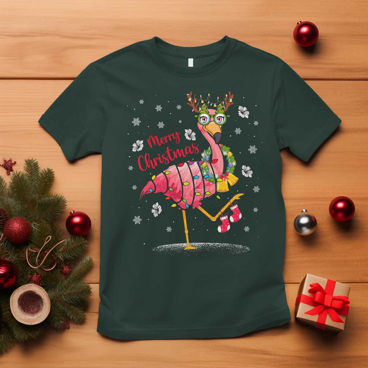 Christmas Flamingo T Shirt Tropical Xmas Family Beach Vacation TS10 Dark Forest Green Print Your Wear