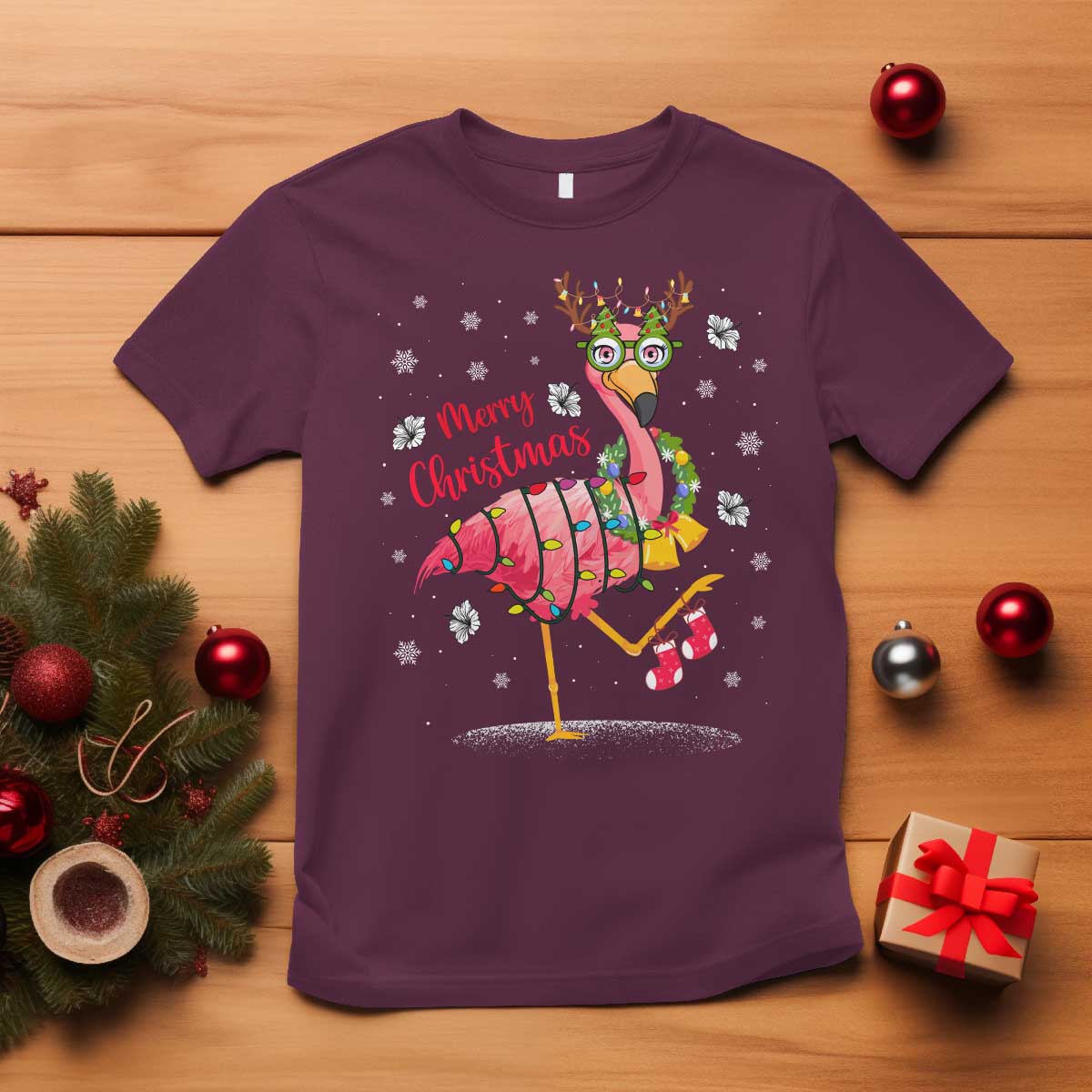Christmas Flamingo T Shirt Tropical Xmas Family Beach Vacation TS10 Maroon Print Your Wear