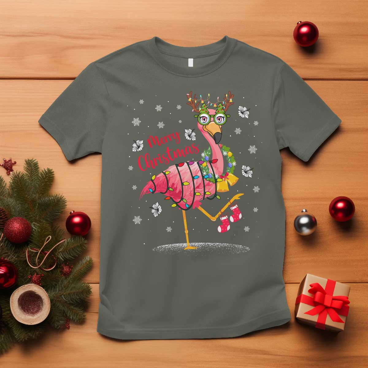 Christmas Flamingo T Shirt Tropical Xmas Family Beach Vacation TS10 Military Green Print Your Wear