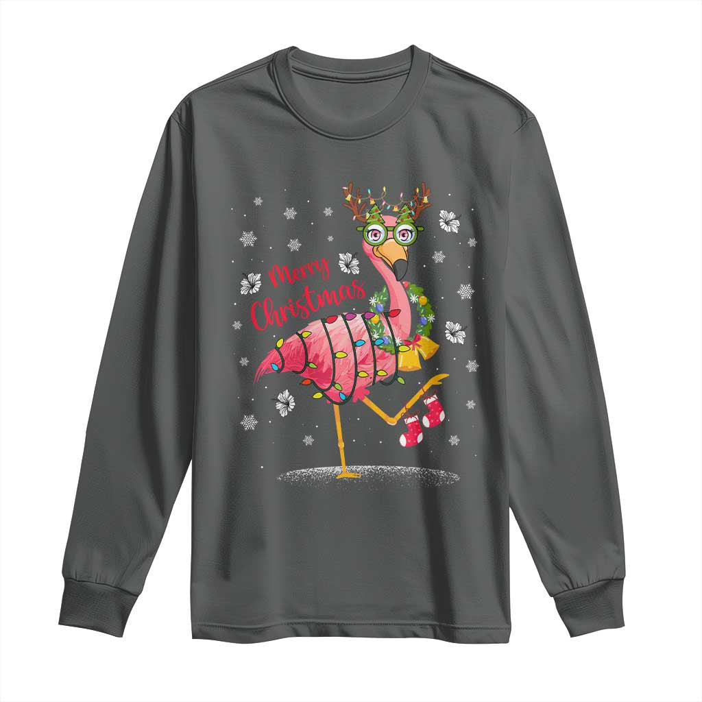 Christmas Flamingo Long Sleeve Shirt Tropical Xmas Family Beach Vacation TS10 Dark Heather Print Your Wear