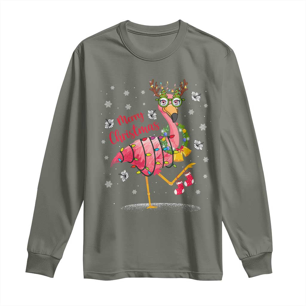Christmas Flamingo Long Sleeve Shirt Tropical Xmas Family Beach Vacation TS10 Military Green Print Your Wear