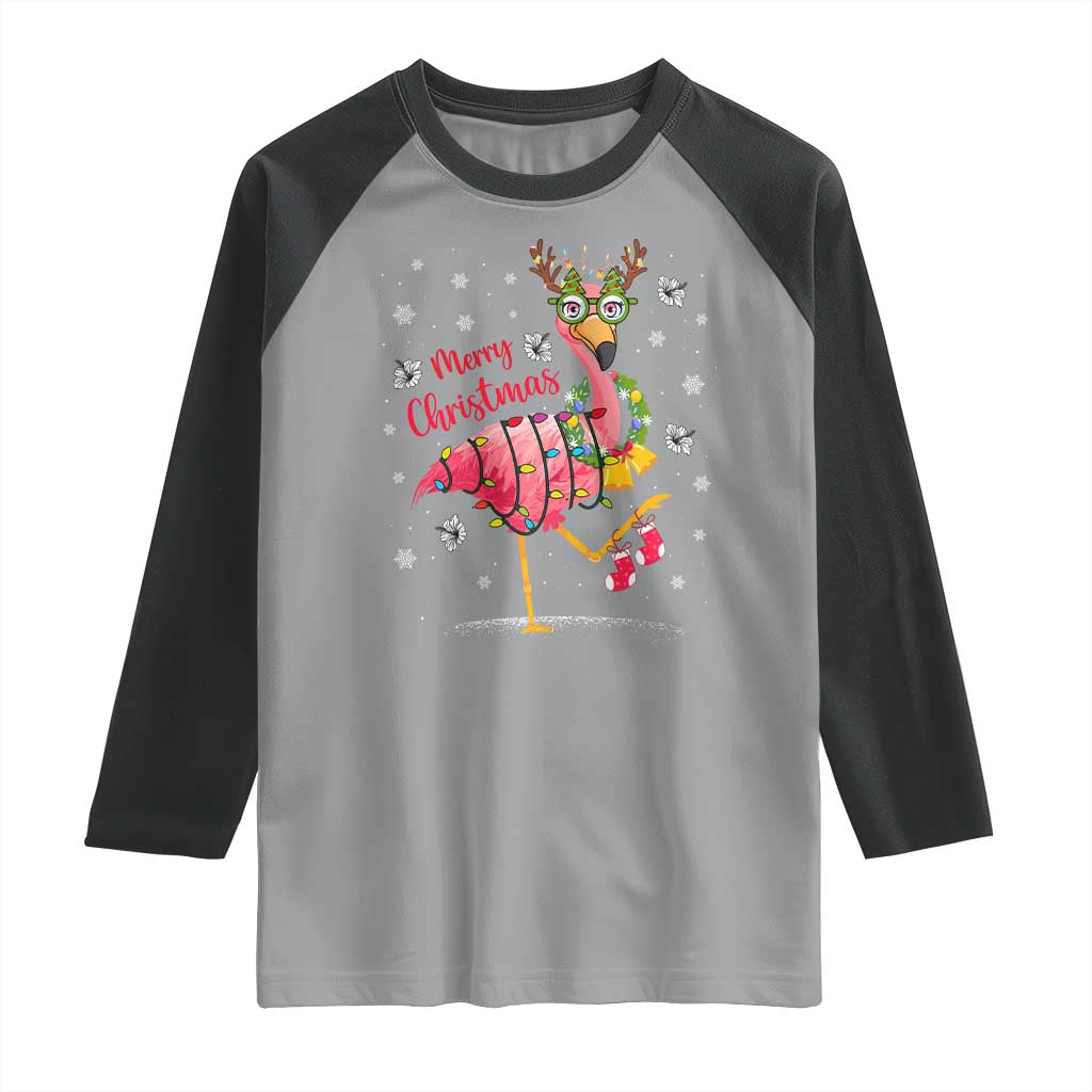Christmas Flamingo Raglan Shirt Tropical Xmas Family Beach Vacation TS10 Sport Gray Black Print Your Wear