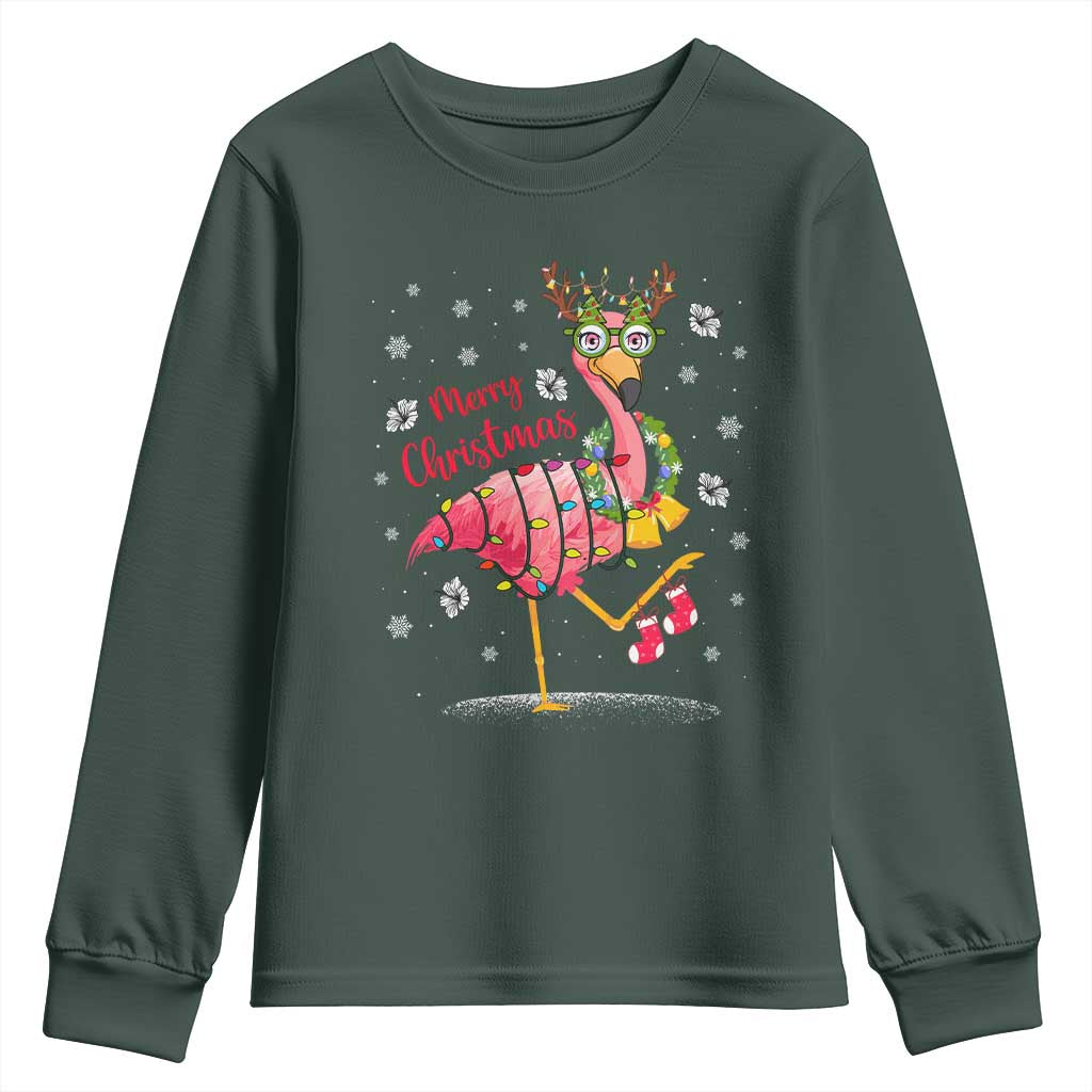 Christmas Flamingo Youth Sweatshirt Tropical Xmas Family Beach Vacation TS10 Dark Forest Green Print Your Wear