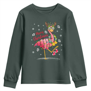 Christmas Flamingo Youth Sweatshirt Tropical Xmas Family Beach Vacation TS10 Dark Forest Green Print Your Wear