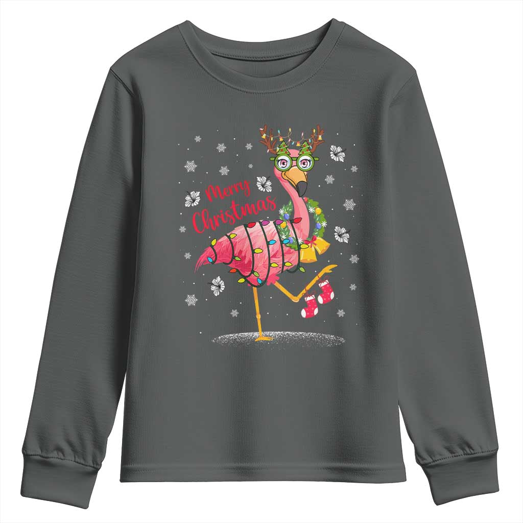 Christmas Flamingo Youth Sweatshirt Tropical Xmas Family Beach Vacation TS10 Dark Heather Print Your Wear