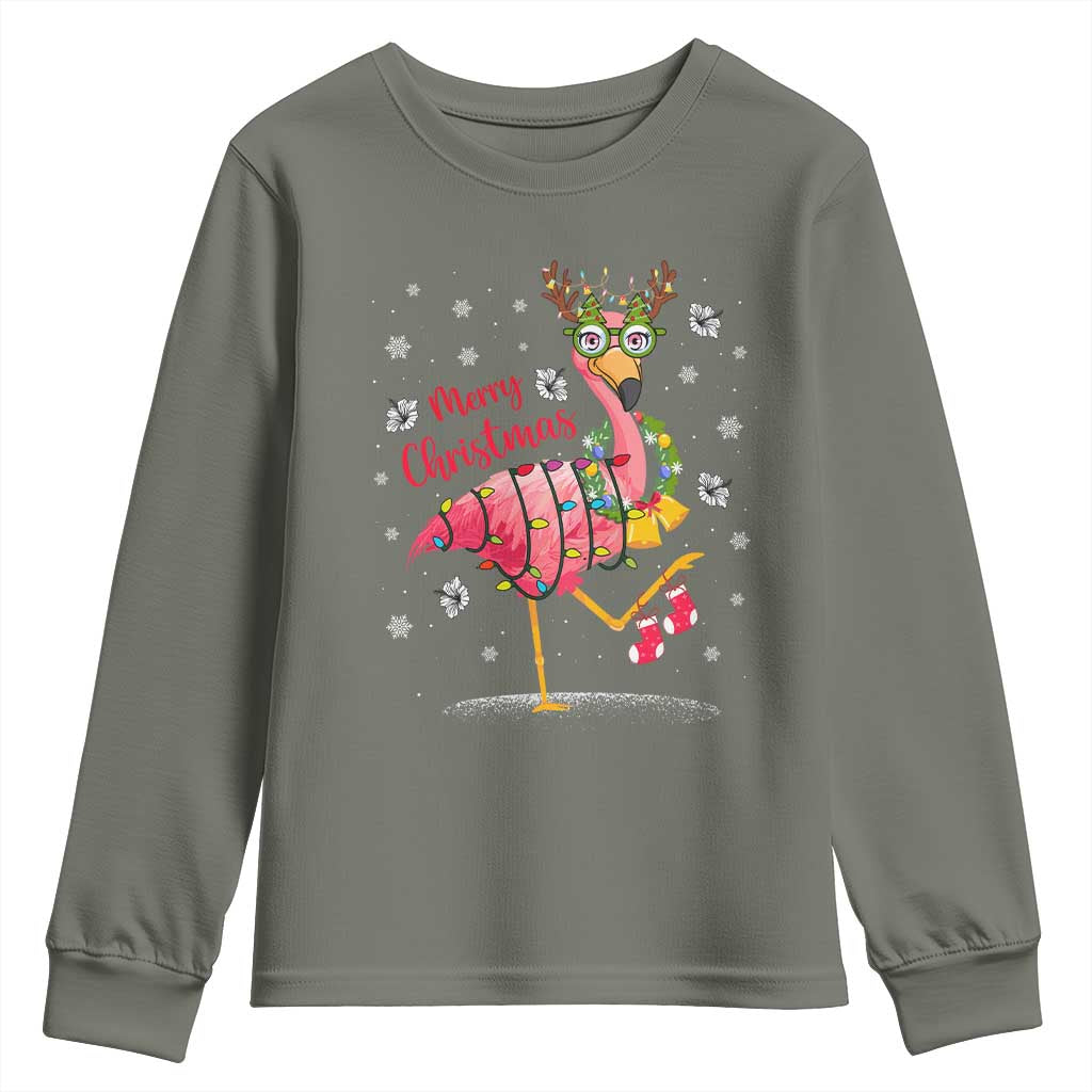 Christmas Flamingo Youth Sweatshirt Tropical Xmas Family Beach Vacation TS10 Military Green Print Your Wear