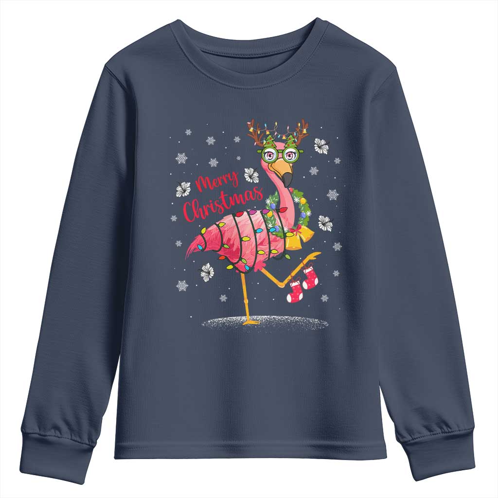 Christmas Flamingo Youth Sweatshirt Tropical Xmas Family Beach Vacation TS10 Navy Print Your Wear