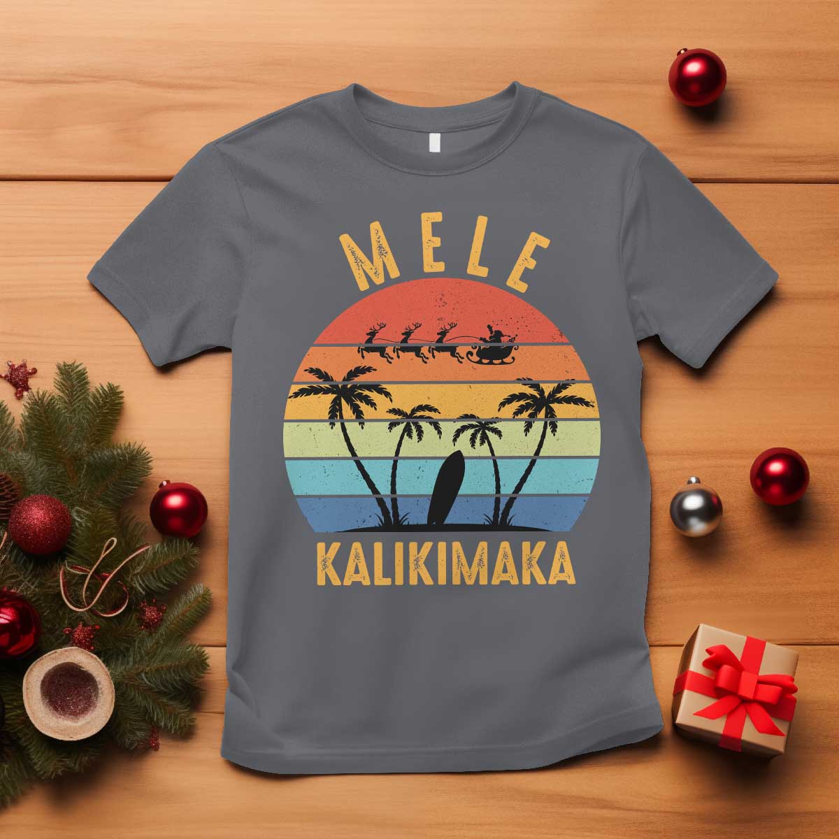 Mele Kalikimaka Hawaiian Christmas T Shirt Retro Hawaii Island Palm Beach Surfboard Surf Xmas Family TS10 Charcoal Print Your Wear