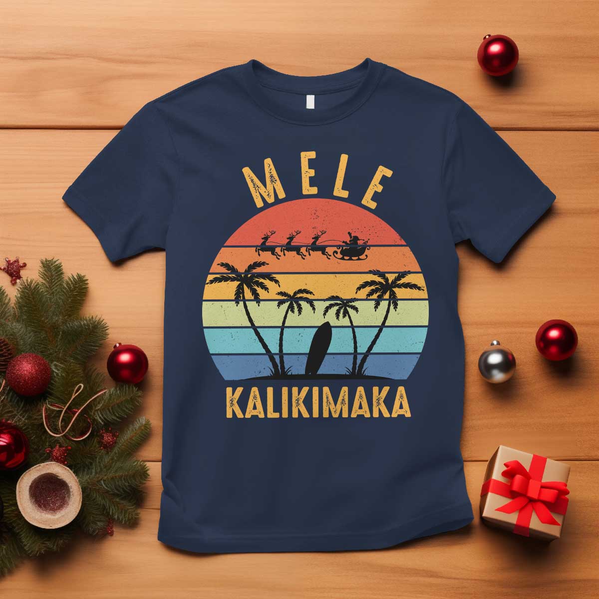 Mele Kalikimaka Hawaiian Christmas T Shirt Retro Hawaii Island Palm Beach Surfboard Surf Xmas Family TS10 Navy Print Your Wear
