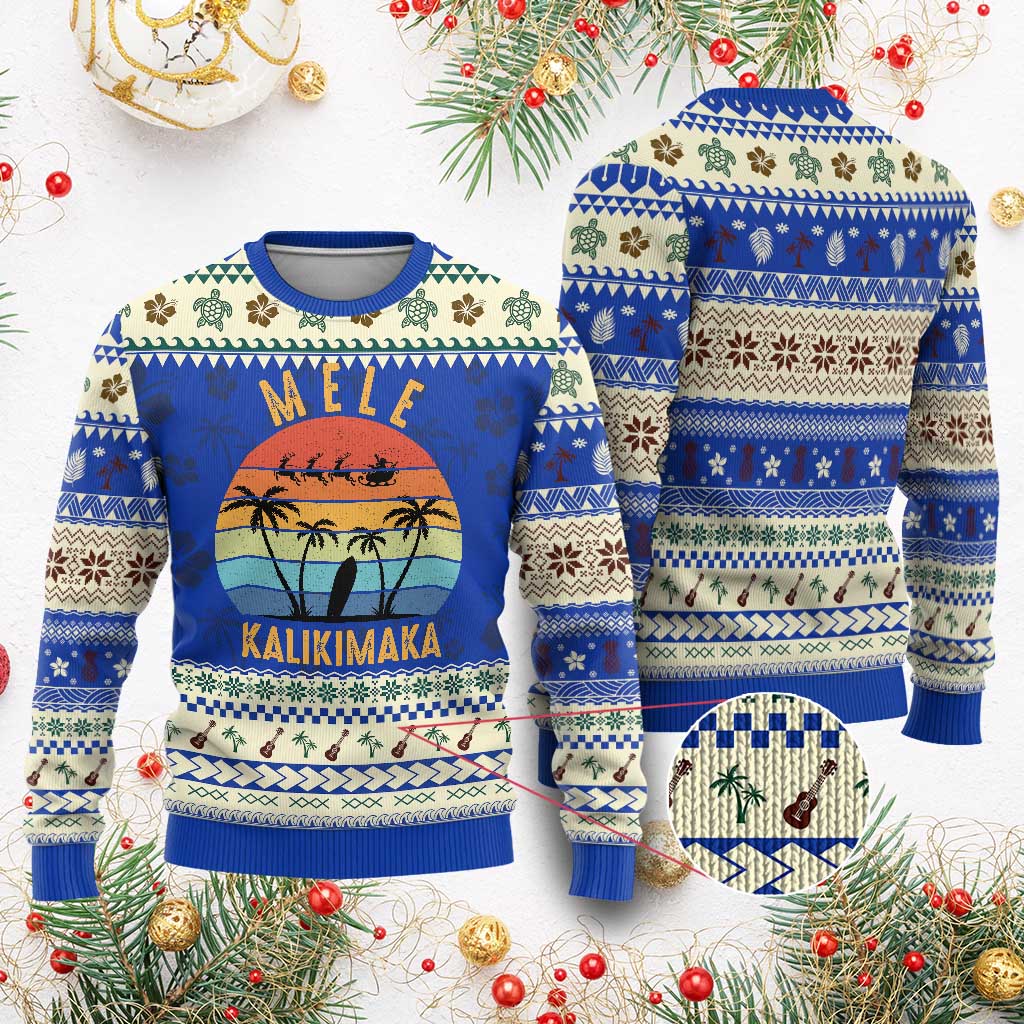 Mele Kalikimaka Hawaiian Christmas Ugly Christmas Sweater Retro Hawaii Island Palm Beach Surfboard Surf Xmas Family TS10 Blue Print Your Wear