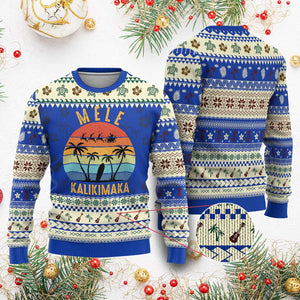 Mele Kalikimaka Hawaiian Christmas Ugly Christmas Sweater Retro Hawaii Island Palm Beach Surfboard Surf Xmas Family TS10 Blue Print Your Wear