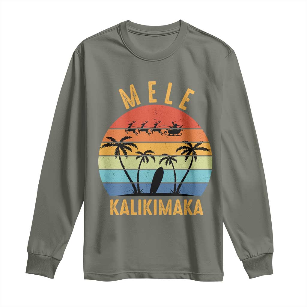 Mele Kalikimaka Hawaiian Christmas Long Sleeve Shirt Retro Hawaii Island Palm Beach Surfboard Surf Xmas Family TS10 Military Green Print Your Wear
