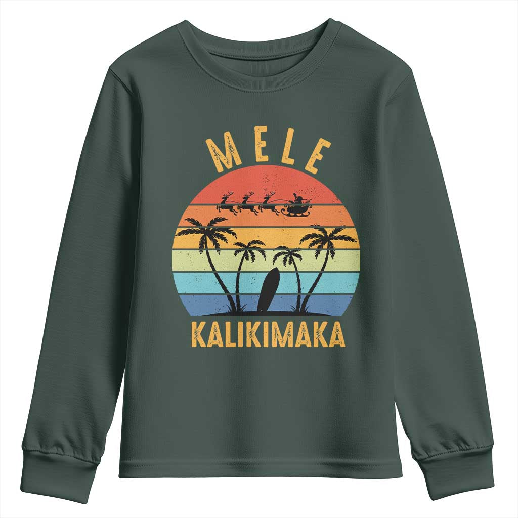Mele Kalikimaka Hawaiian Christmas Youth Sweatshirt Retro Hawaii Island Palm Beach Surfboard Surf Xmas Family TS10 Dark Forest Green Print Your Wear