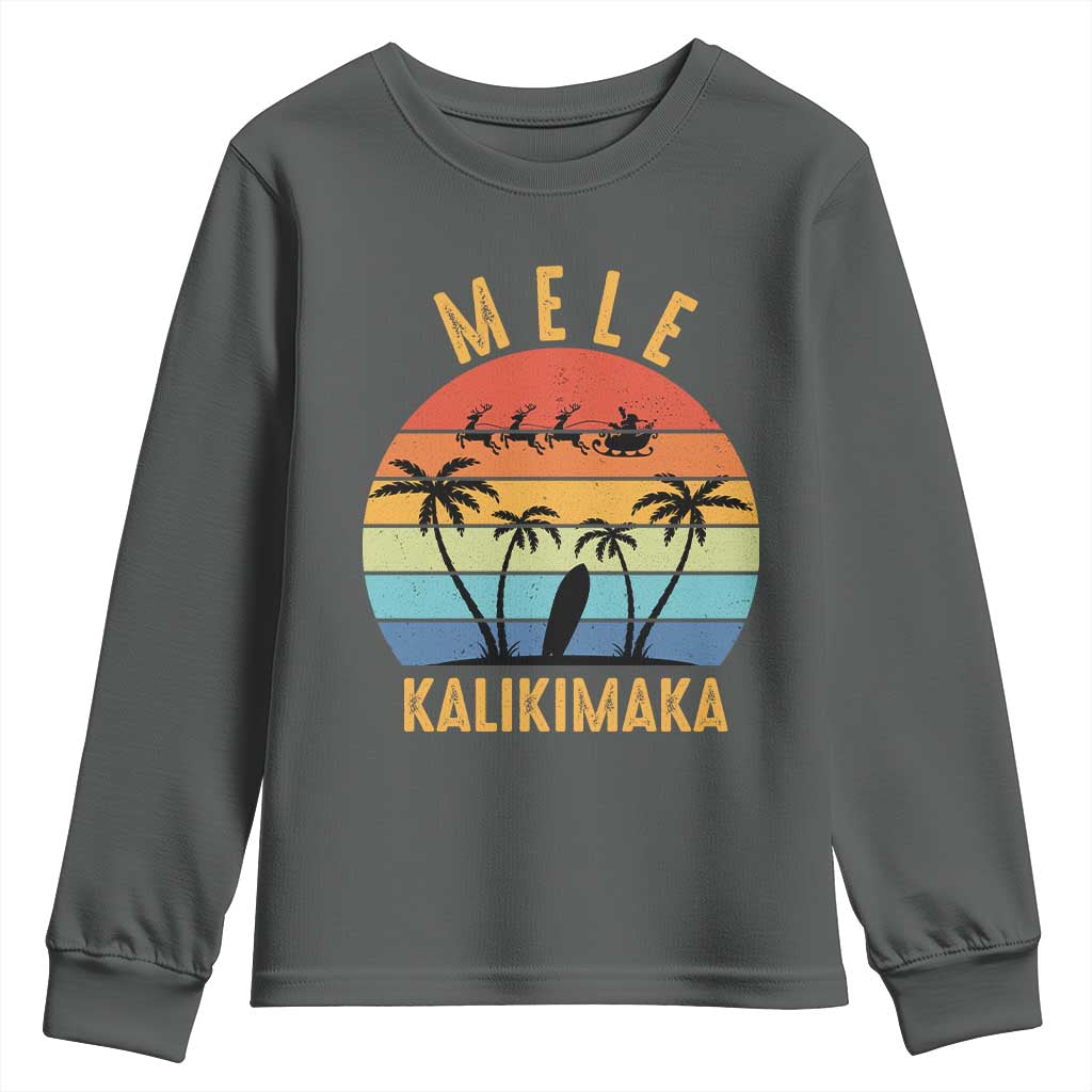 Mele Kalikimaka Hawaiian Christmas Youth Sweatshirt Retro Hawaii Island Palm Beach Surfboard Surf Xmas Family TS10 Dark Heather Print Your Wear