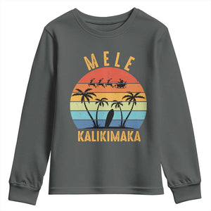 Mele Kalikimaka Hawaiian Christmas Youth Sweatshirt Retro Hawaii Island Palm Beach Surfboard Surf Xmas Family TS10 Dark Heather Print Your Wear