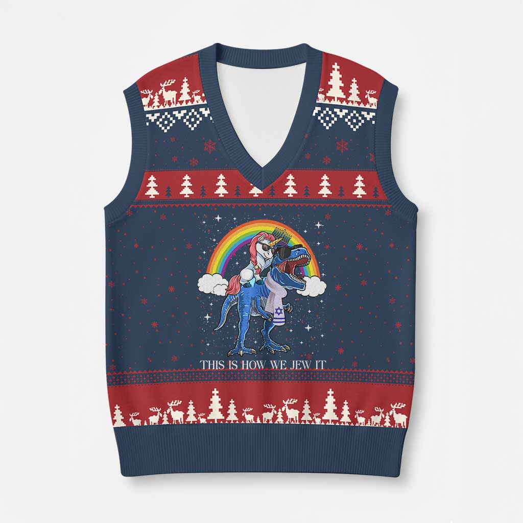 Funny Hanukkah V-Neck Knit Sweater Vest Jewnicorn This Is How We Jew It TS10 Navy Red Print Your Wear