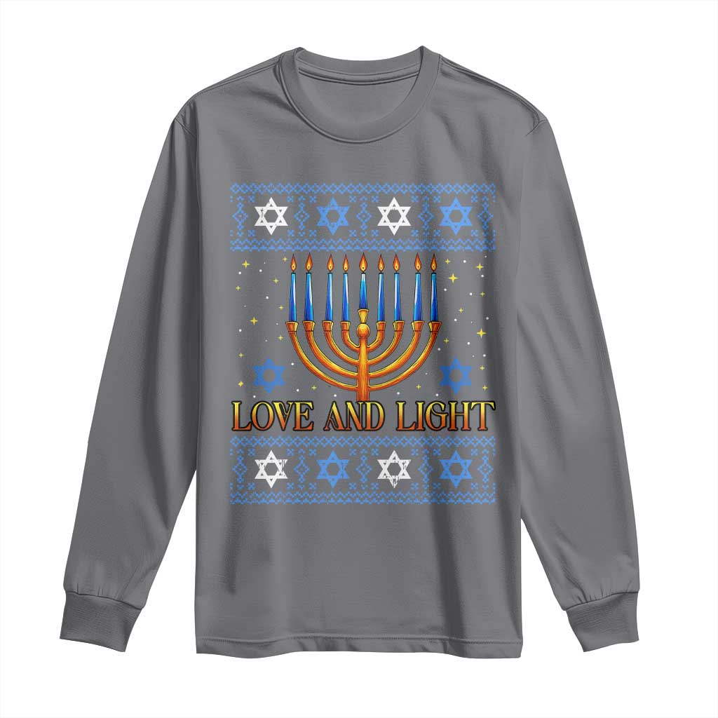 Ugly Hanukkah Long Sleeve Shirt Love and Light Jew Menorah Jewish Chanukah TS10 Charcoal Print Your Wear