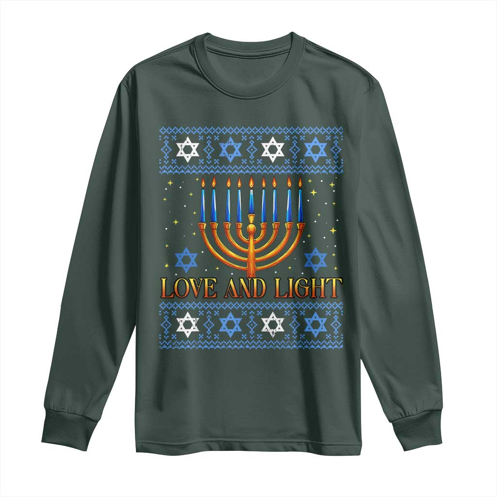 Ugly Hanukkah Long Sleeve Shirt Love and Light Jew Menorah Jewish Chanukah TS10 Dark Forest Green Print Your Wear