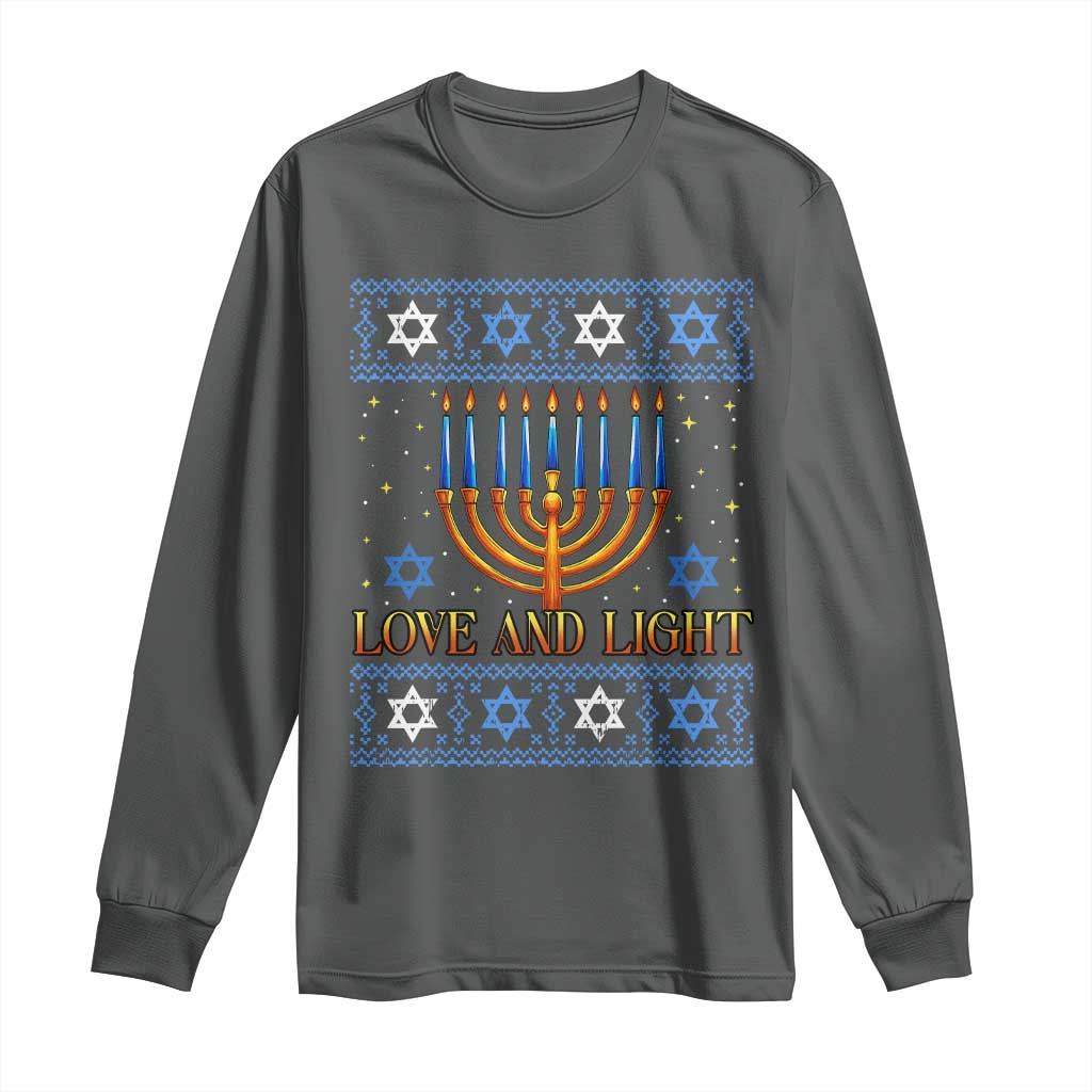 Ugly Hanukkah Long Sleeve Shirt Love and Light Jew Menorah Jewish Chanukah TS10 Dark Heather Print Your Wear