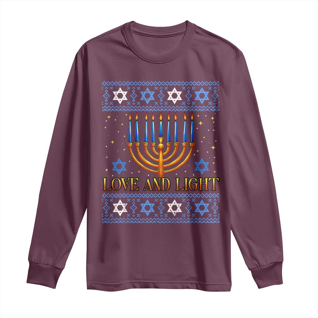 Ugly Hanukkah Long Sleeve Shirt Love and Light Jew Menorah Jewish Chanukah TS10 Maroon Print Your Wear