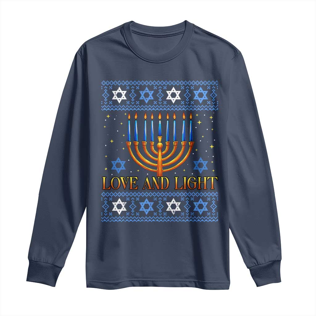 Ugly Hanukkah Long Sleeve Shirt Love and Light Jew Menorah Jewish Chanukah TS10 Navy Print Your Wear