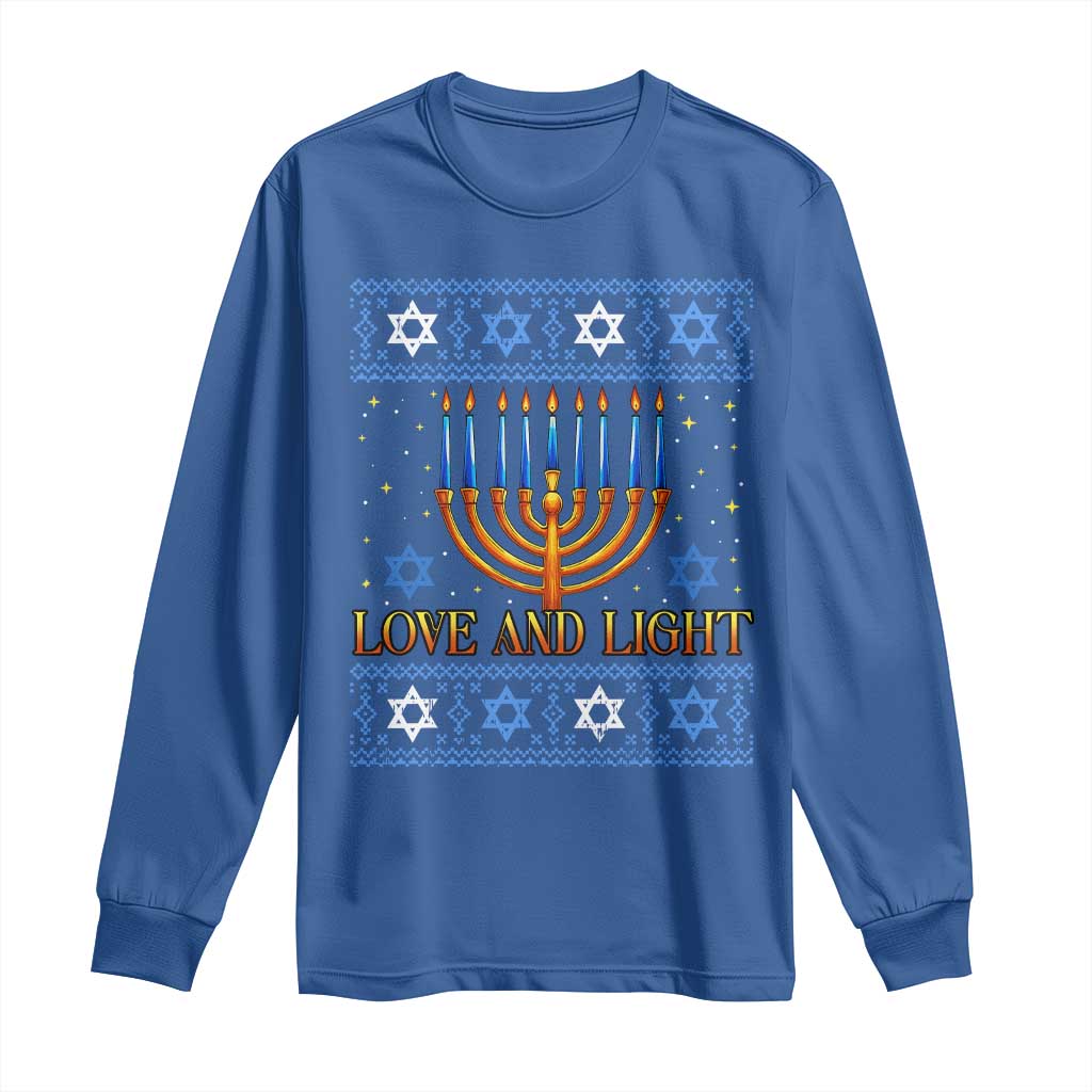 Ugly Hanukkah Long Sleeve Shirt Love and Light Jew Menorah Jewish Chanukah TS10 Royal Blue Print Your Wear