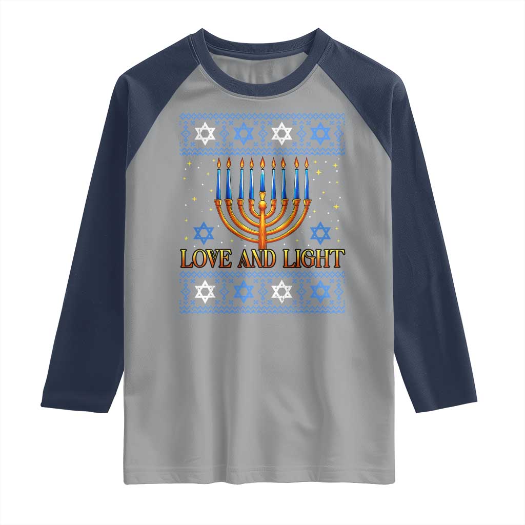 Ugly Hanukkah Raglan Shirt Love and Light Jew Menorah Jewish Chanukah TS10 Sport Gray Navy Print Your Wear