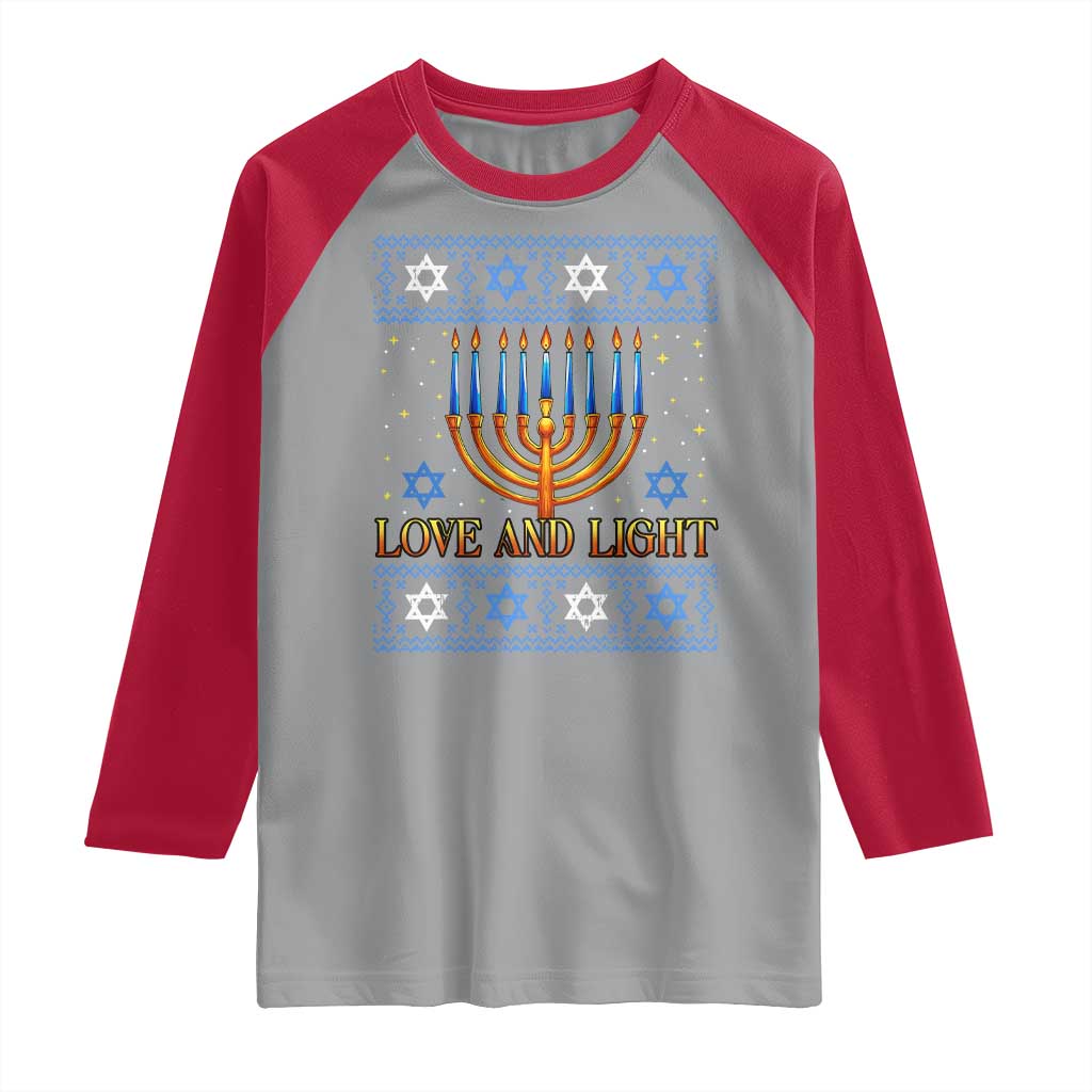 Ugly Hanukkah Raglan Shirt Love and Light Jew Menorah Jewish Chanukah TS10 Sport Gray Red Print Your Wear