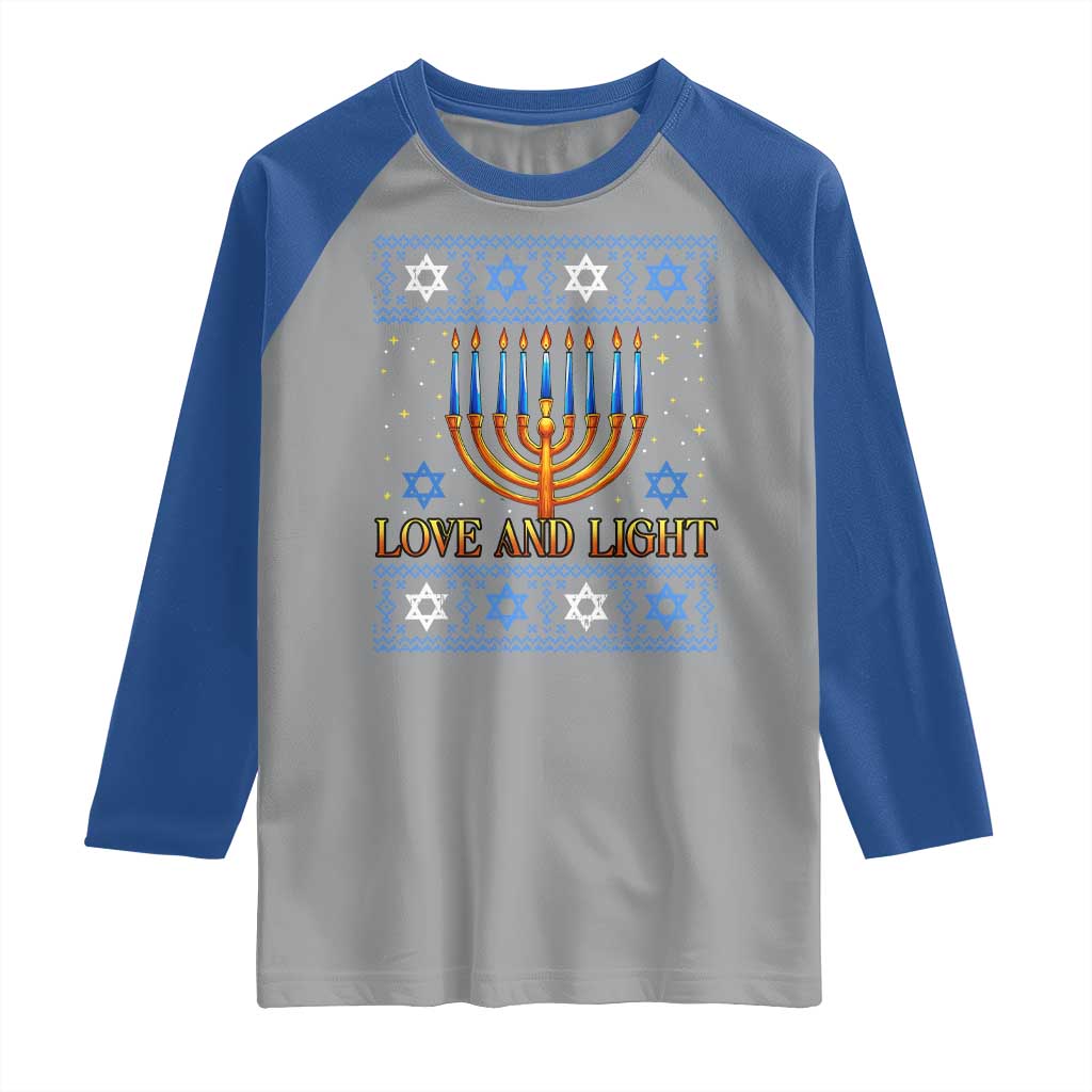 Ugly Hanukkah Raglan Shirt Love and Light Jew Menorah Jewish Chanukah TS10 Sport Gray Royal Print Your Wear