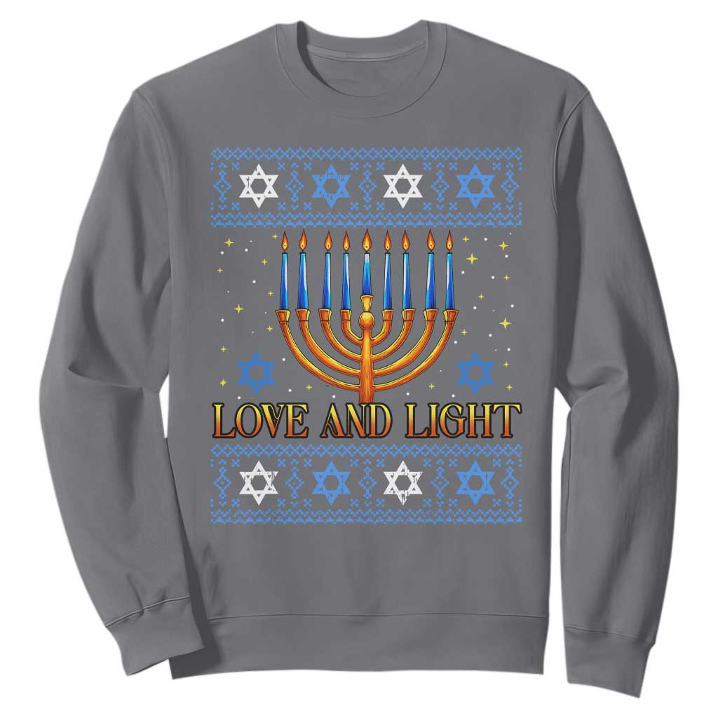 Ugly Hanukkah Sweatshirt Love and Light Jew Menorah Jewish Chanukah TS10 Charcoal Print Your Wear