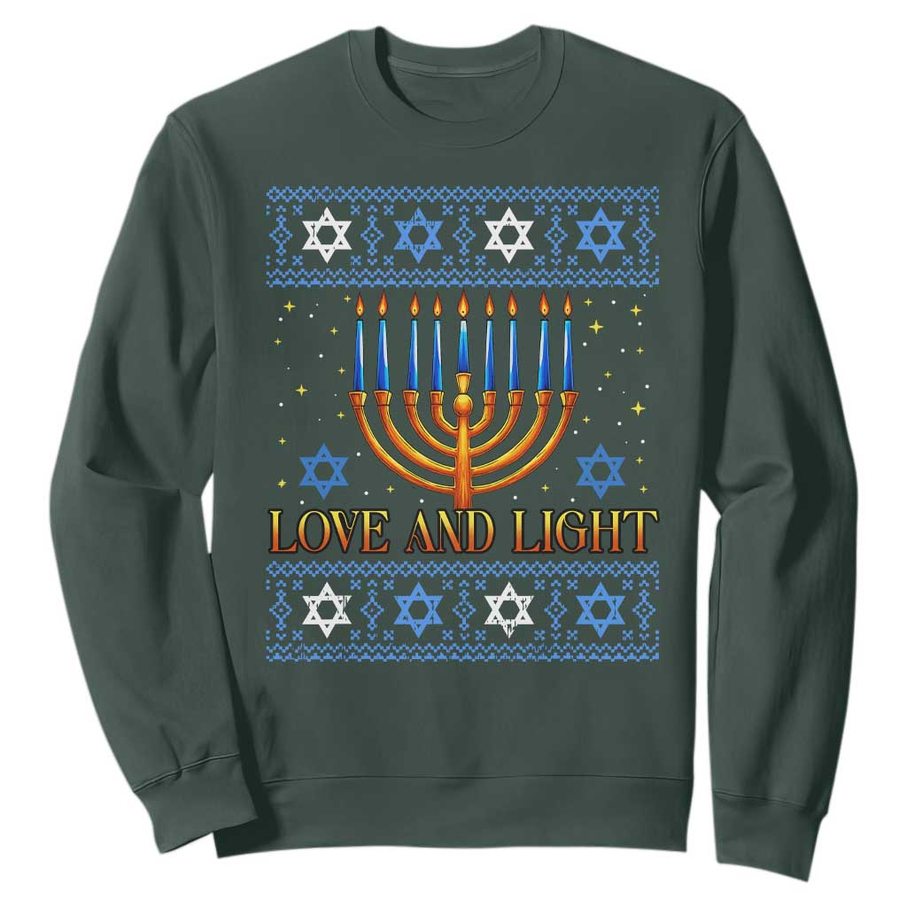 Ugly Hanukkah Sweatshirt Love and Light Jew Menorah Jewish Chanukah TS10 Dark Forest Green Print Your Wear