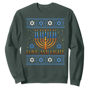 Ugly Hanukkah Sweatshirt Love and Light Jew Menorah Jewish Chanukah TS10 Dark Forest Green Print Your Wear