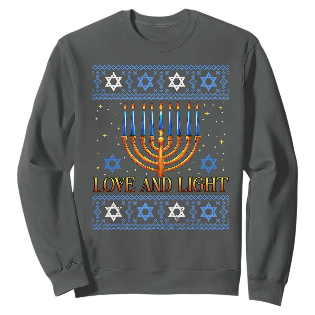 Ugly Hanukkah Sweatshirt Love and Light Jew Menorah Jewish Chanukah TS10 Dark Heather Print Your Wear