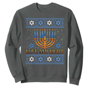 Ugly Hanukkah Sweatshirt Love and Light Jew Menorah Jewish Chanukah TS10 Dark Heather Print Your Wear