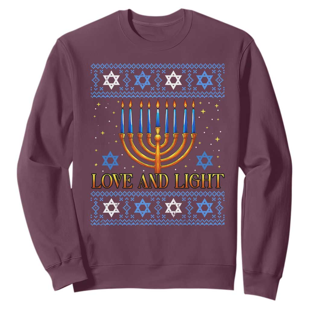 Ugly Hanukkah Sweatshirt Love and Light Jew Menorah Jewish Chanukah TS10 Maroon Print Your Wear
