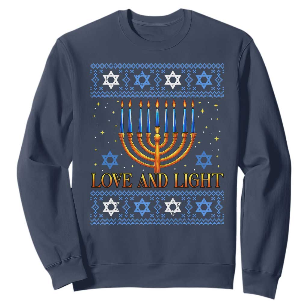 Ugly Hanukkah Sweatshirt Love and Light Jew Menorah Jewish Chanukah TS10 Navy Print Your Wear