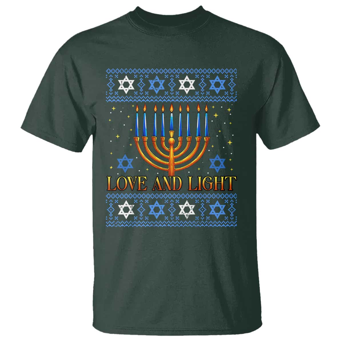 Ugly Hanukkah T Shirt Love and Light Jew Menorah Jewish Chanukah TS10 Dark Forest Green Print Your Wear