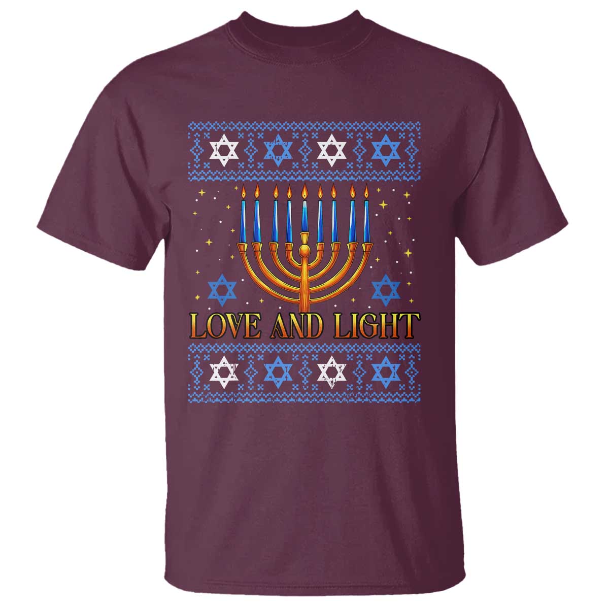 Ugly Hanukkah T Shirt Love and Light Jew Menorah Jewish Chanukah TS10 Maroon Print Your Wear