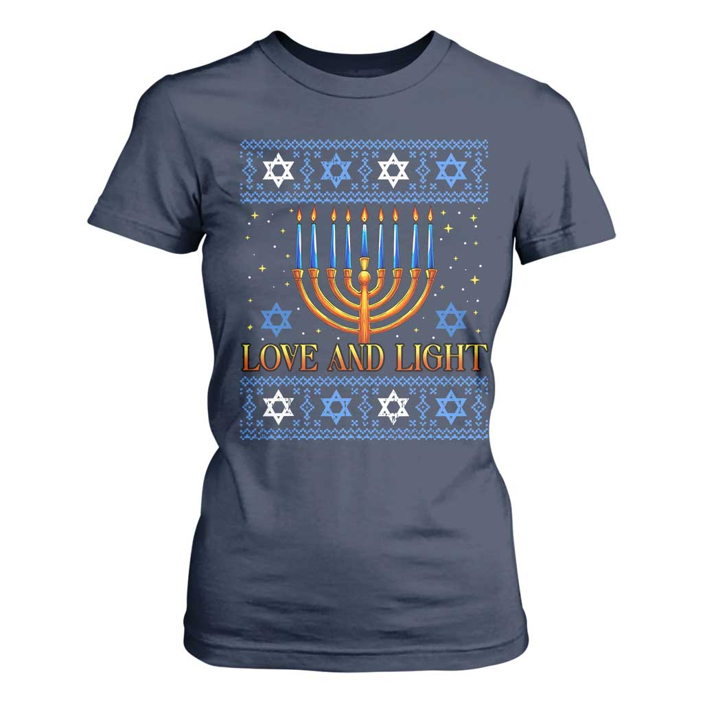 Ugly Hanukkah T Shirt For Women Love and Light Jew Menorah Jewish Chanukah TS10 Navy Print Your Wear