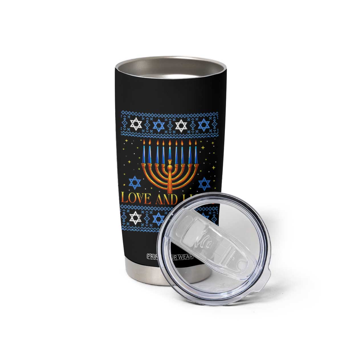 Ugly Hanukkah Tumbler Cup Love and Light Jew Menorah Jewish Chanukah TS10 Print Your Wear
