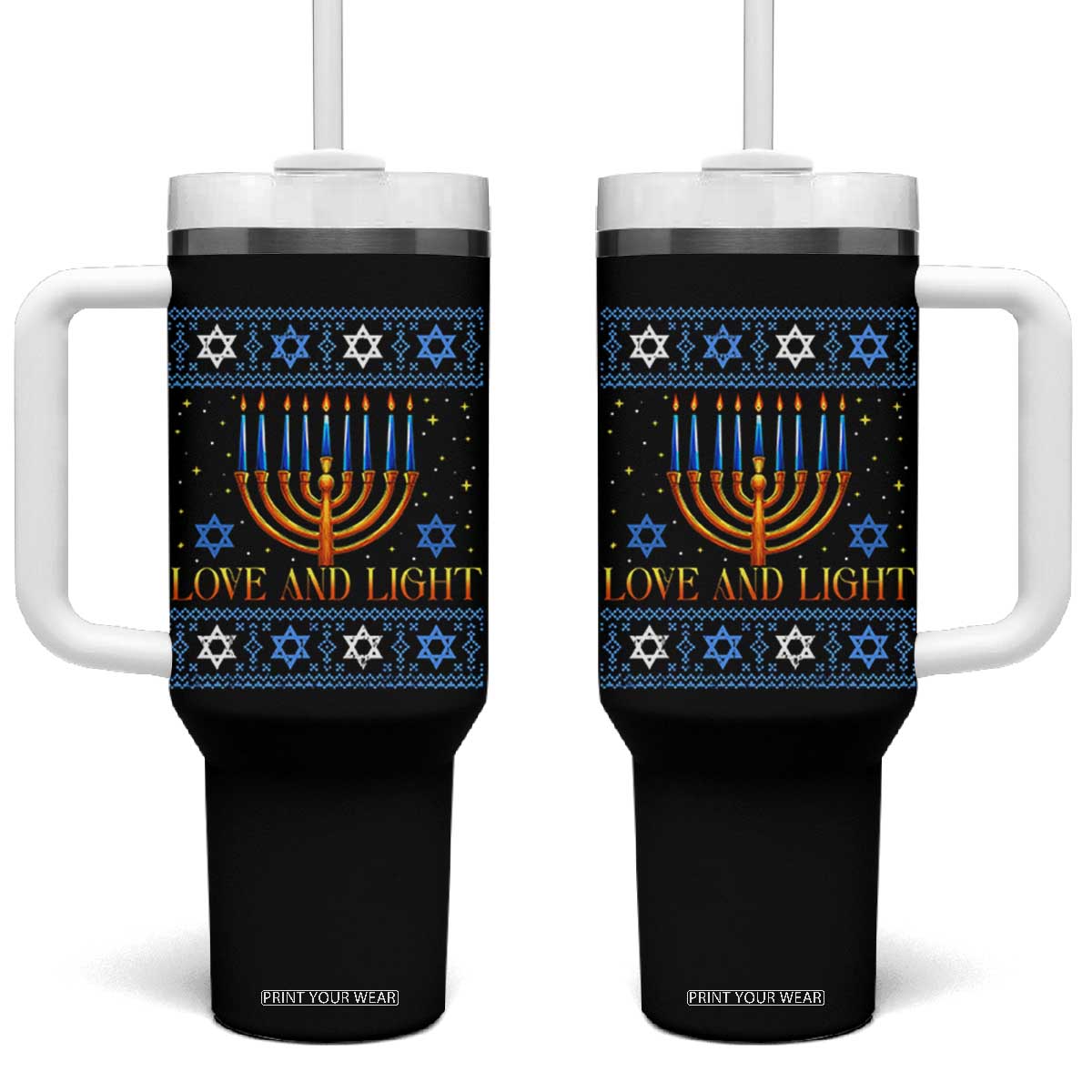 Ugly Hanukkah Tumbler With Handle Love and Light Jew Menorah Jewish Chanukah TS10 One Size: 40 oz Black Print Your Wear
