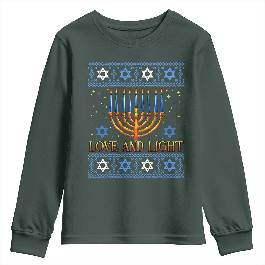 Ugly Hanukkah Youth Sweatshirt Love and Light Jew Menorah Jewish Chanukah TS10 Dark Forest Green Print Your Wear