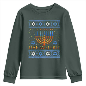 Ugly Hanukkah Youth Sweatshirt Love and Light Jew Menorah Jewish Chanukah TS10 Dark Forest Green Print Your Wear